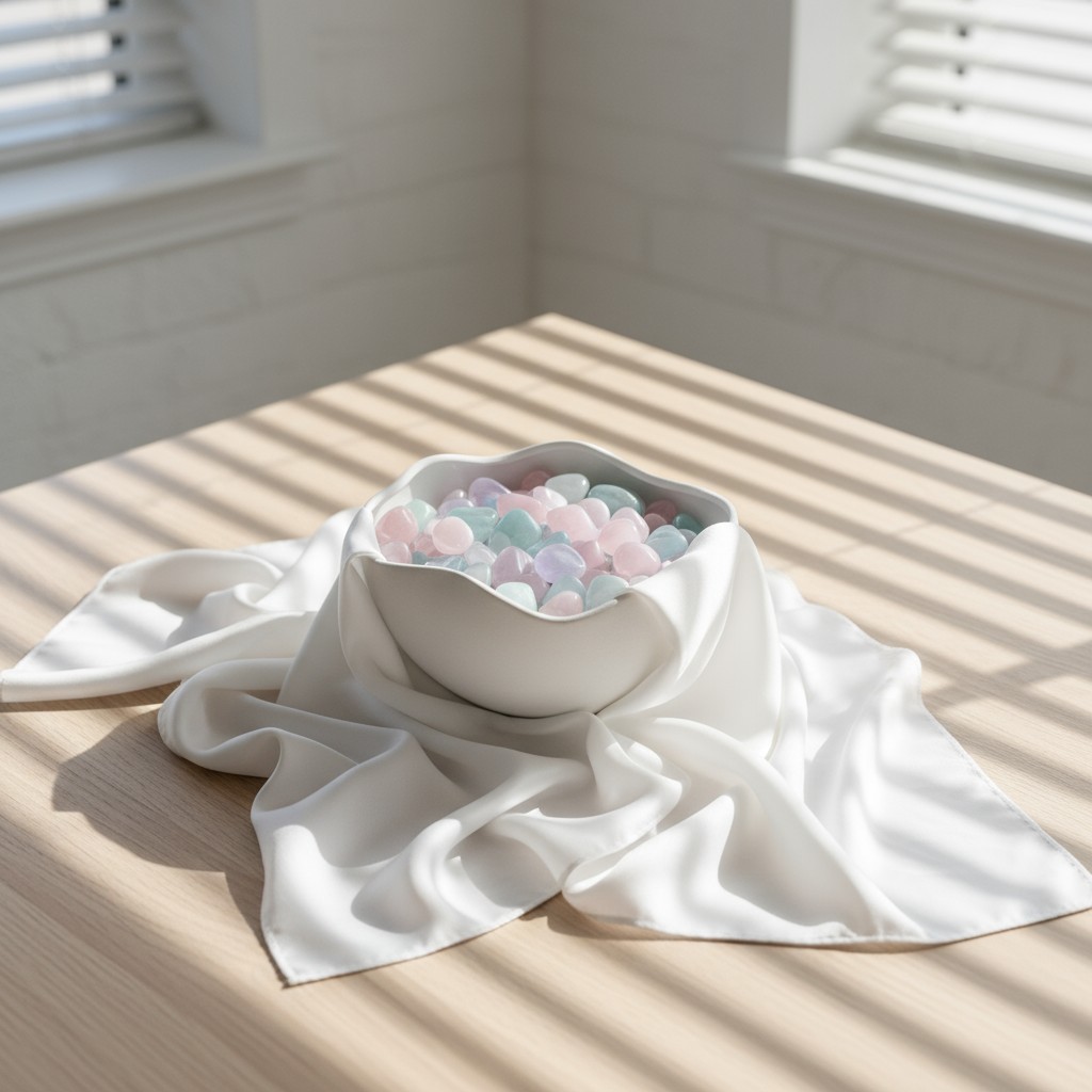 Dans un salon propre et lumineux, un grand bol blanc garni de billes violettes et blanches est posé sur une surface de boi...